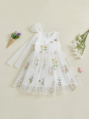 MQTIME  -  Girls Sleeveless Floral Print A-line Dress Crew Neck Tulle Princess Dress for Summer Birthday Party Outfit